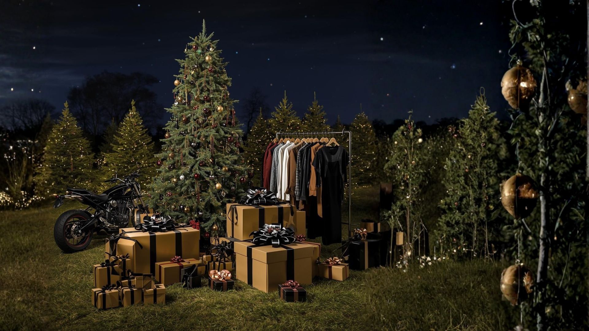 Christmas tree farm with decorated trees and luxury gift boxes including racks of clothes, bar cart items, motorcycles and more for black friday cyber monday sales